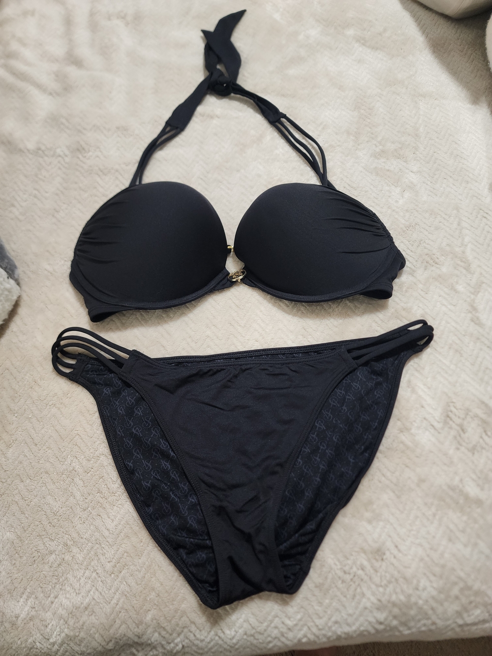 Victoria's Secret Black Halter Push-Up Bikini Set Top Is 36C Bottoms L
